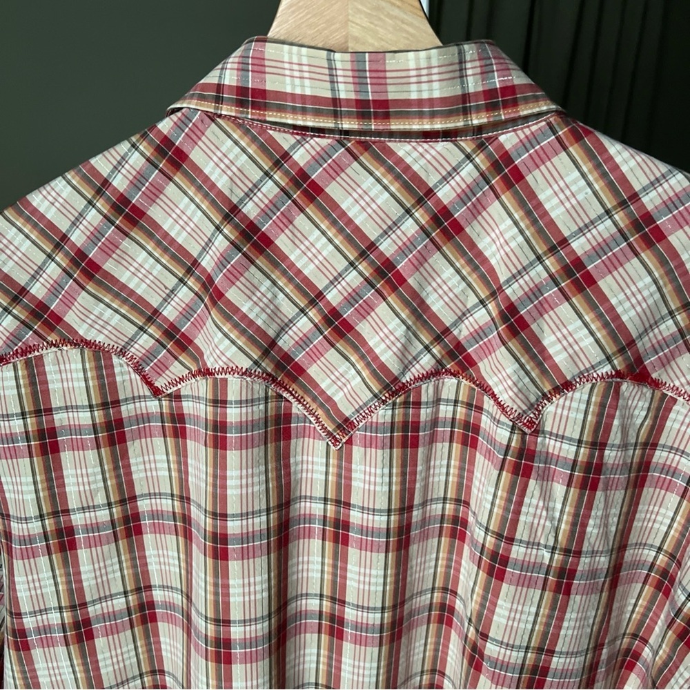 Wrangler Mens Short Sleeve Snap Close Red/white/orange/silver Plaid Shirt Sz XL - Picture 14 of 16